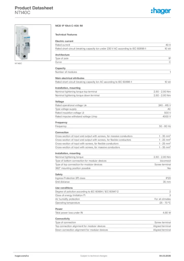 Image Hager Product data sheet NT140C  | Hager New Zealand