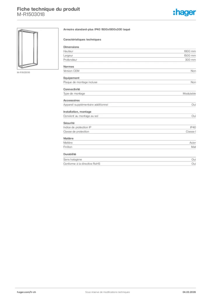 Image Hager Fiche technique du produit M-R1503018 | Hager Suisse