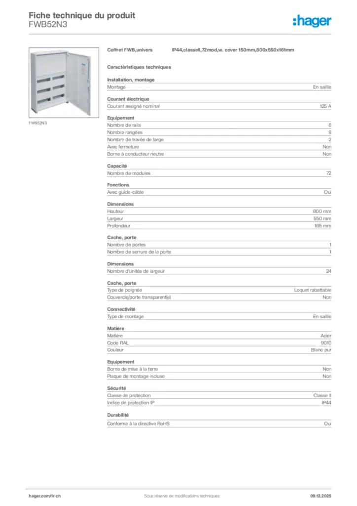 Image Hager Fiche technique du produit FWB52N3 | Hager Suisse