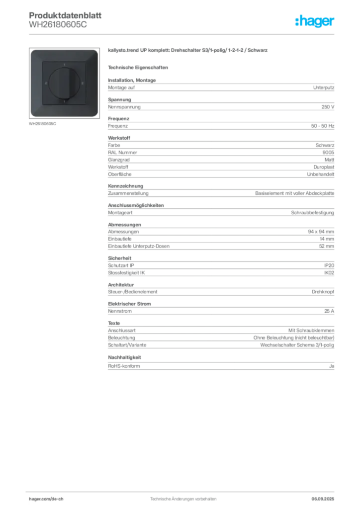 Bild Hager Produktdatenblatt WH26180605C | Hager Schweiz