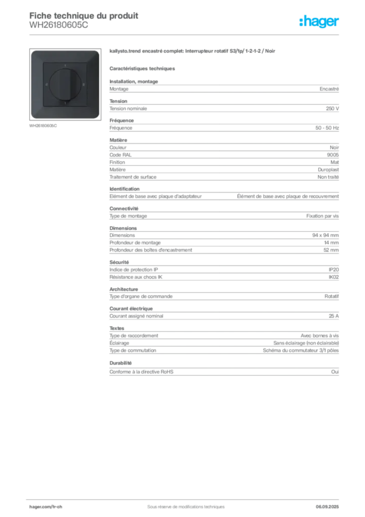 Image Hager Fiche technique du produit WH26180605C | Hager Suisse