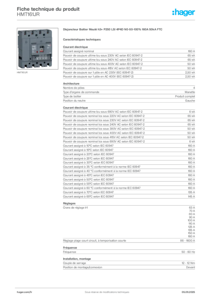 Image Hager Fiche technique du produit HMT161JR | Hager France