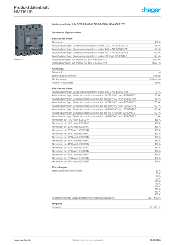 Bild Hager Produktdatenblatt HMT161JR | Hager Schweiz