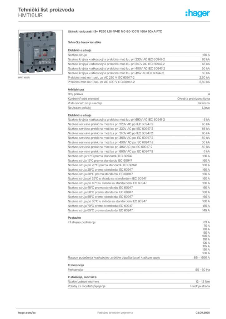Slika Hager Tehnički list proizvoda HMT161JR  | Hager
