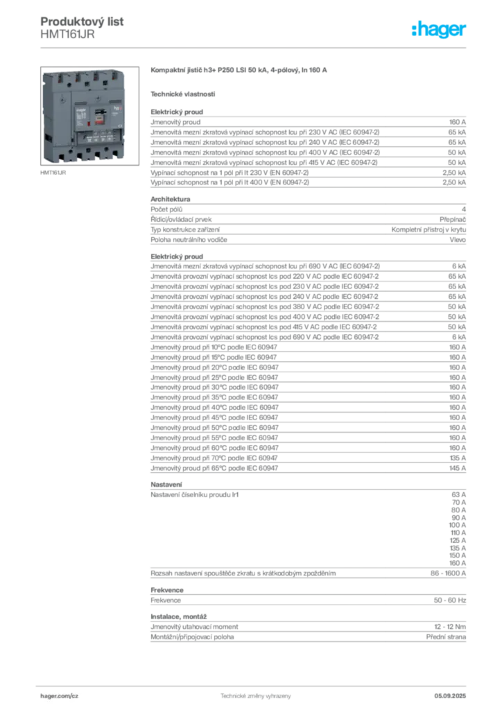 Obrázek Hager Produktový list HMT161JR | Hager
