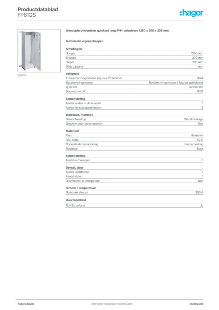 Afbeelding Hager Productdatablad FP81QS | Hager Nederland