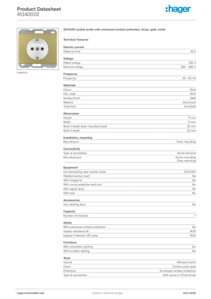 Image Hager Product data sheet 41340002  | Hager