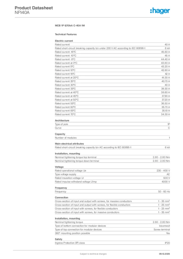 Image Hager Product data sheet NF140A  | Hager Africa