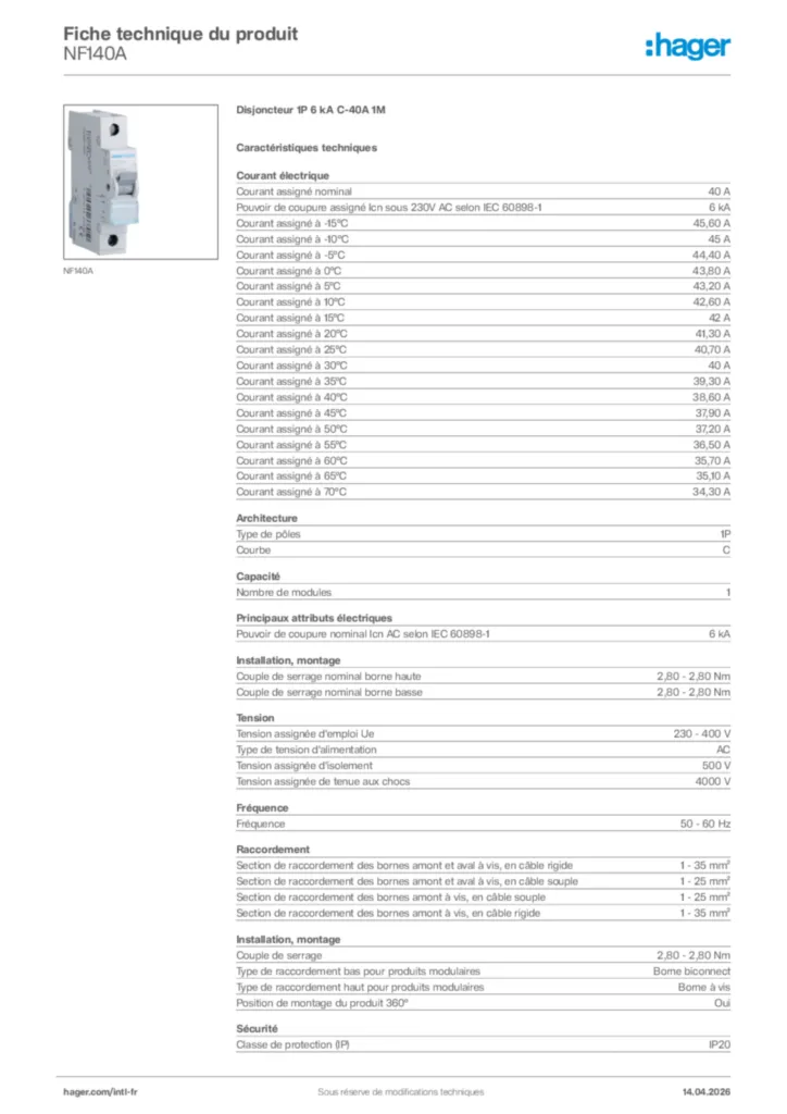 Image Hager Fiche technique du produit NF140A | Hager Afrique
