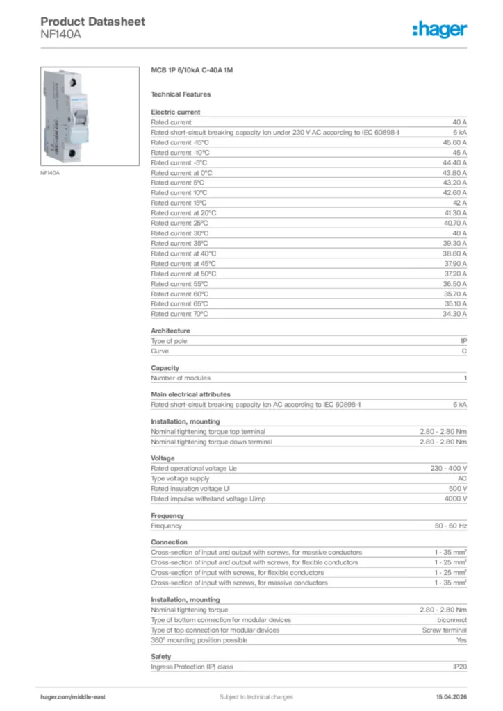 Image Hager Product data sheet NF140A  | Hager