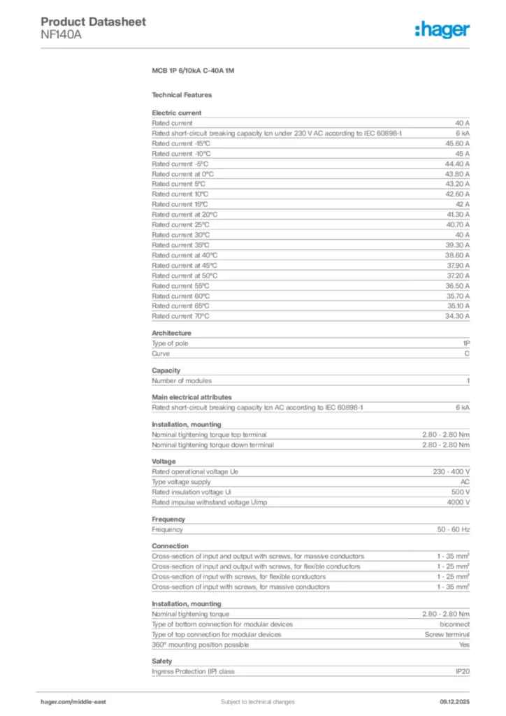 Image Hager Product data sheet NF140A  | Hager