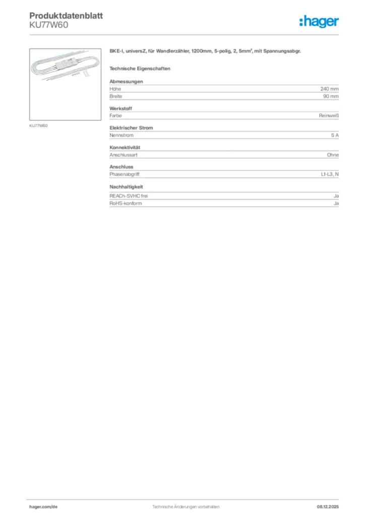 Bild Hager Produktdatenblatt KU77W60 | Hager Deutschland