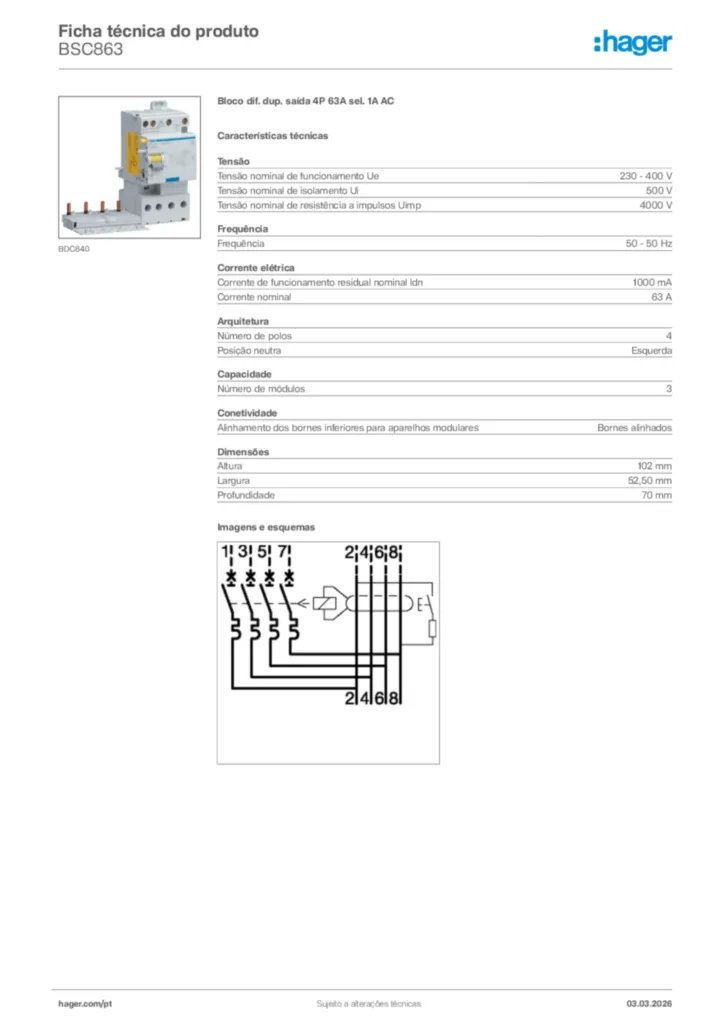 Imagem Hager Ficha técnica do produto BSC863 | Hager Portugal