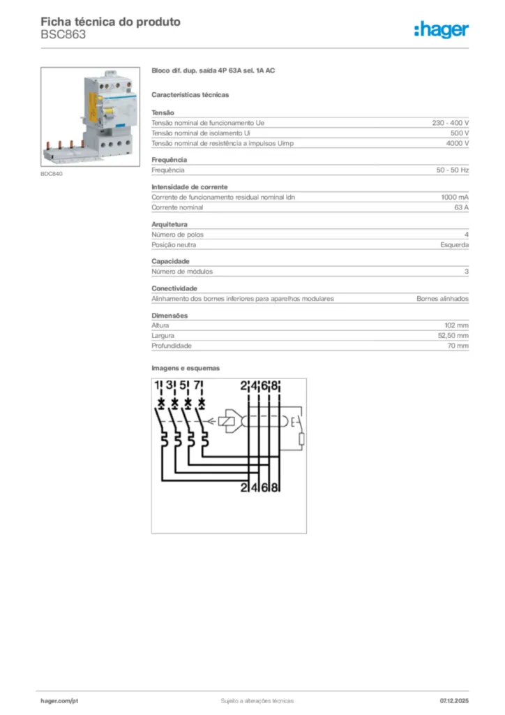 Imagem Hager Ficha técnica do produto BSC863 | Hager Portugal