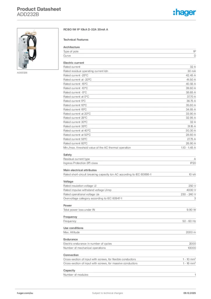 Image Hager Product data sheet ADD232B  | Hager Australia