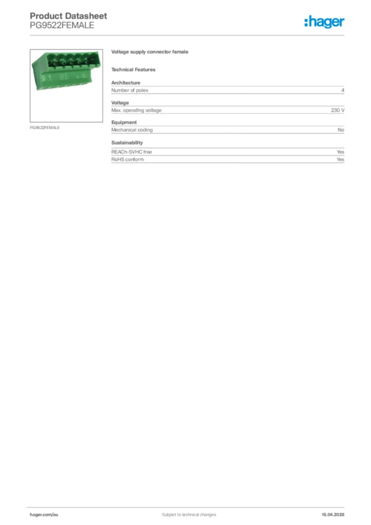 Image Hager Product data sheet PG9522FEMALE  | Hager Australia