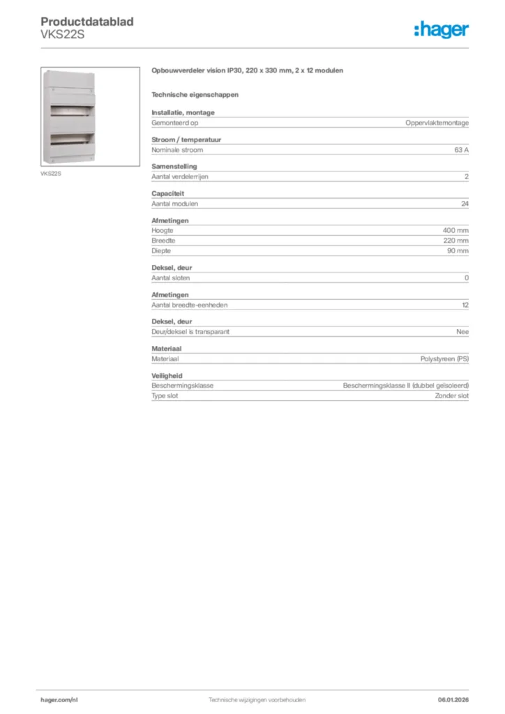 Afbeelding Hager Productdatablad VKS22S | Hager Nederland