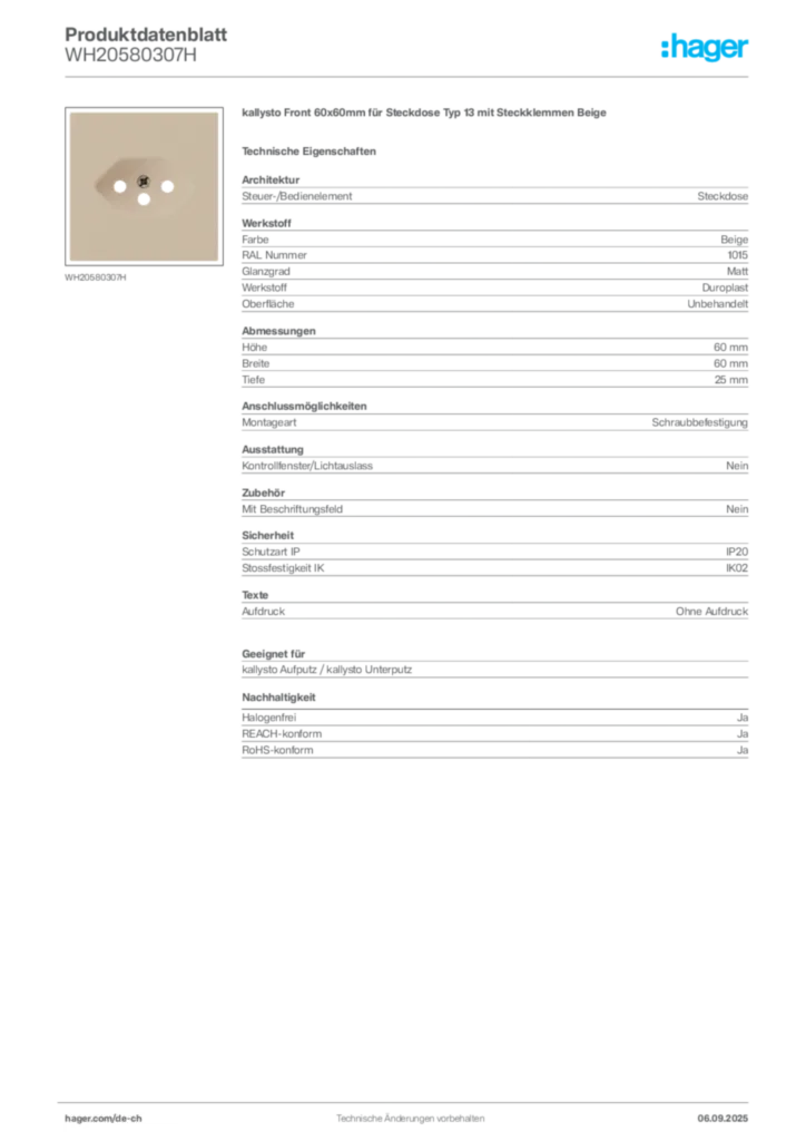 Bild Hager Produktdatenblatt WH20580307H | Hager Schweiz