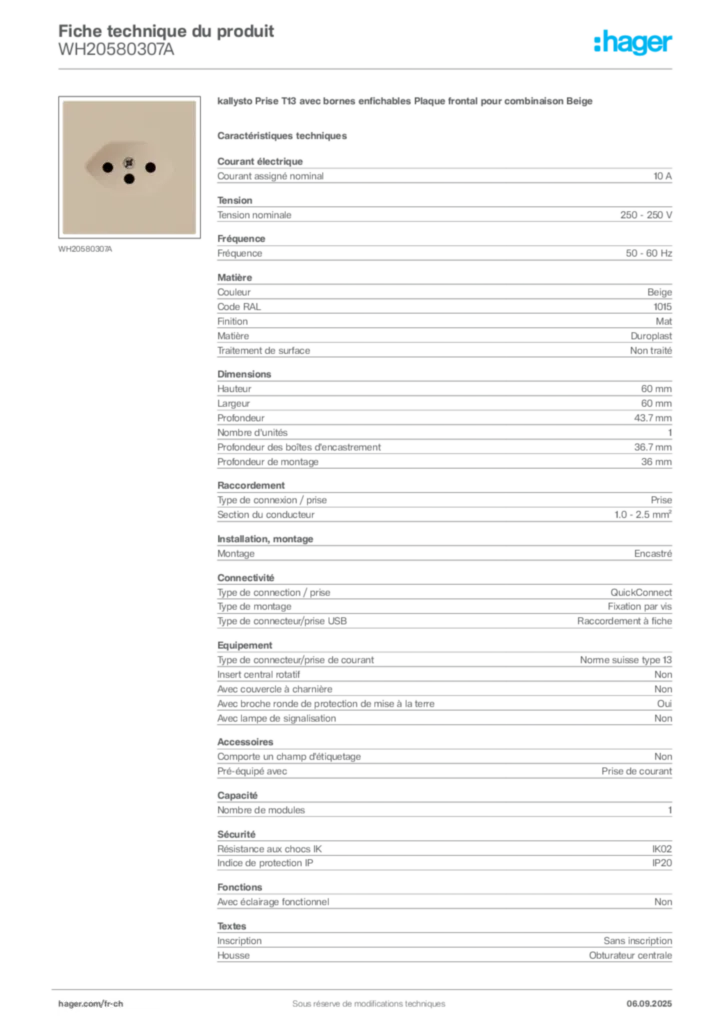 Image Hager Fiche technique du produit WH20580307A | Hager Suisse