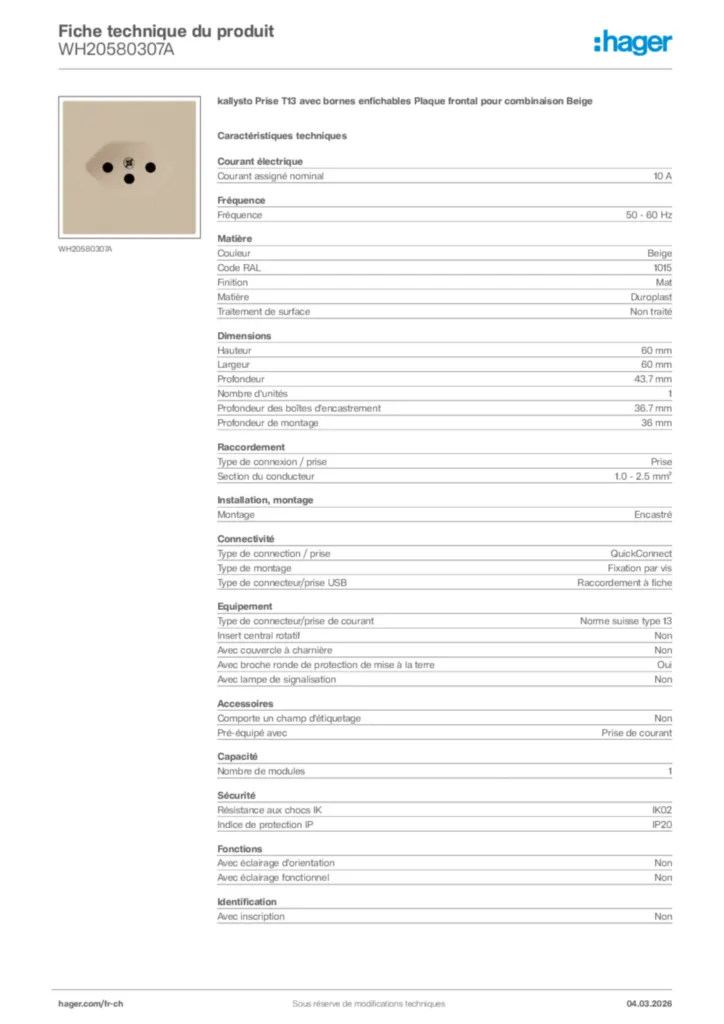 Image Hager Fiche technique du produit WH20580307A | Hager Suisse