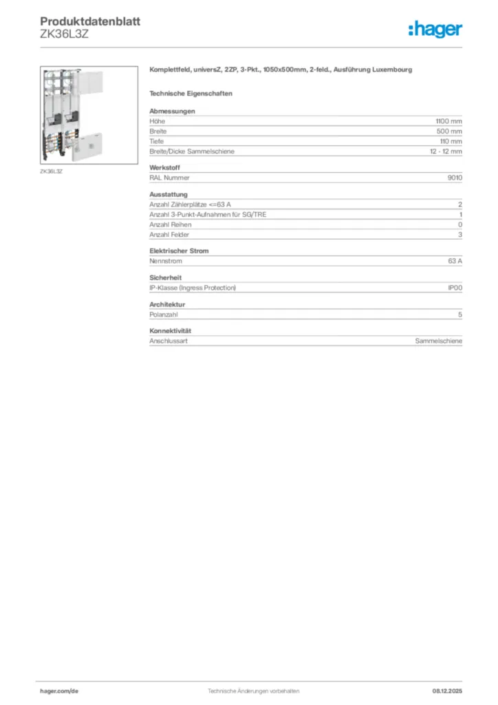 Bild Hager Produktdatenblatt ZK36L3Z | Hager Deutschland