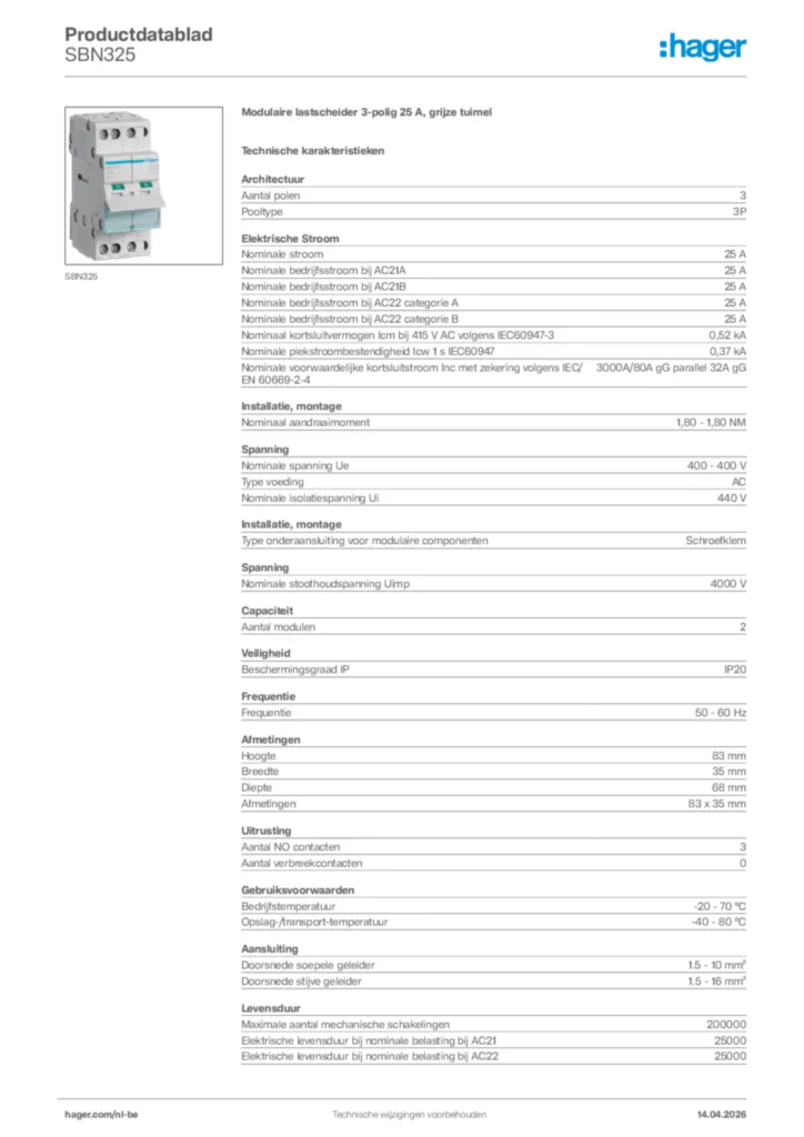 Afbeelding Hager Productdatablad SBN325 | Hager Belgium