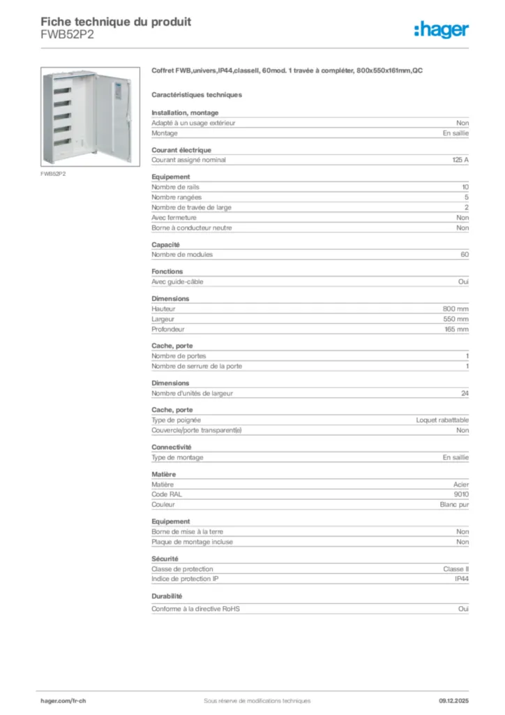Image Hager Fiche technique du produit FWB52P2 | Hager Suisse