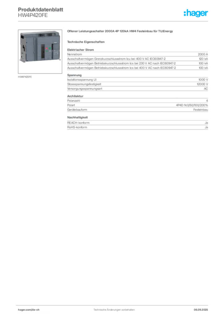 Bild Hager Produktdatenblatt HW4P420FE | Hager Schweiz