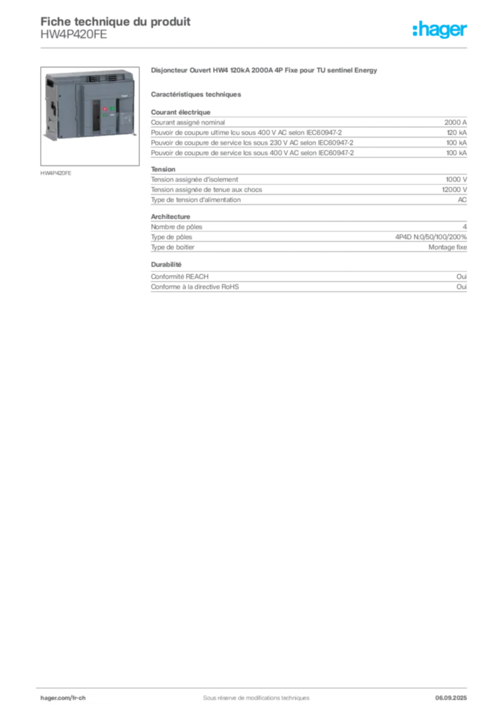 Image Hager Fiche technique du produit HW4P420FE | Hager Suisse