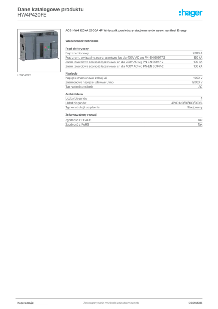 Zdjęcie Hager Dane katalogowe produktu HW4P420FE | Hager Polska