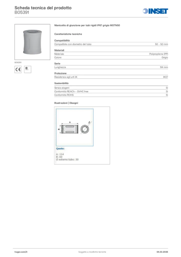 Immagine Inset Scheda tecnica del prodotto B05391 | Hager Italia