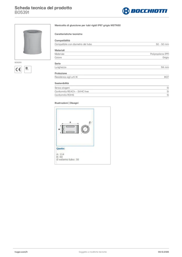 Immagine Bocchiotti Scheda tecnica del prodotto B05391 | Hager Italia