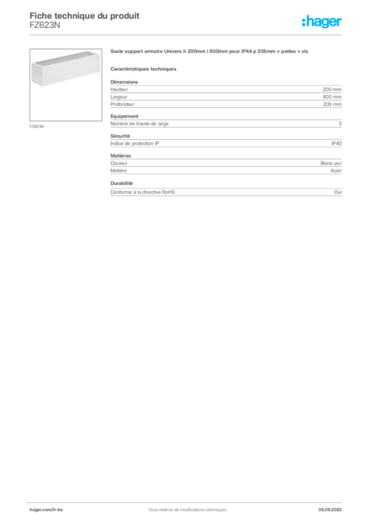 Image Hager Fiche technique du produit FZ623N | Hager Belgique