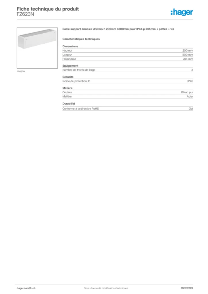Image Hager Fiche technique du produit FZ623N | Hager Suisse