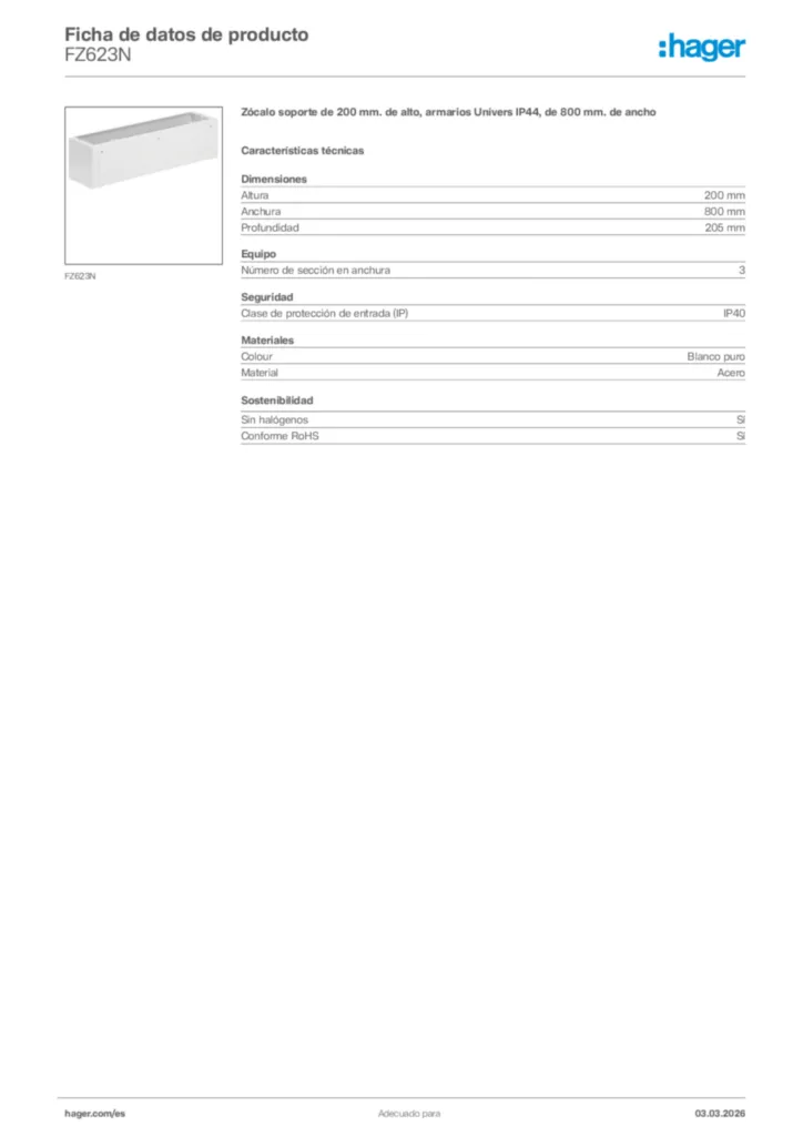 Imagen Hager Ficha de datos de producto FZ623N | Hager España