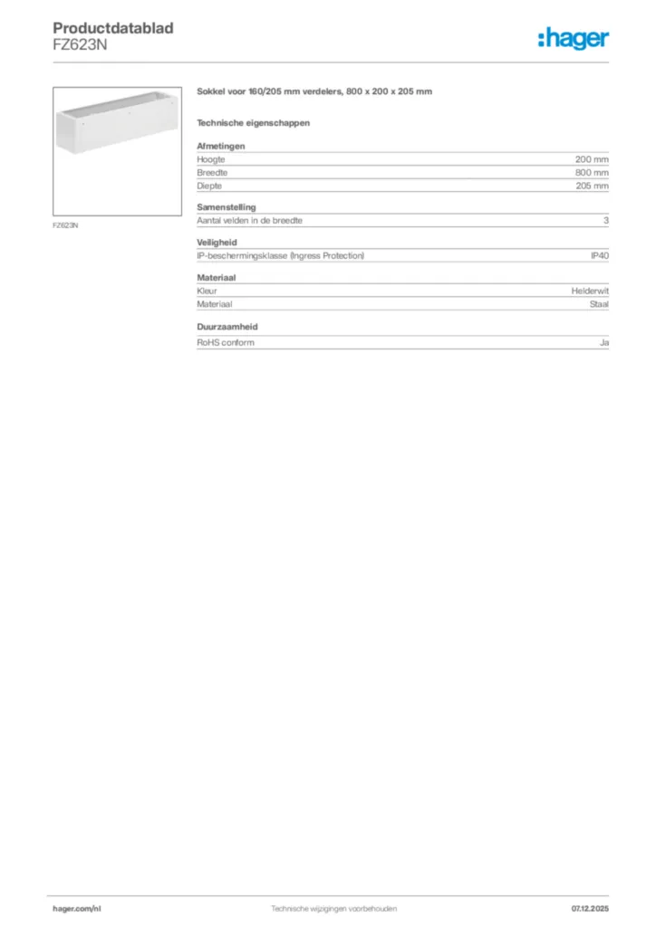 Afbeelding Hager Productdatablad FZ623N | Hager Nederland