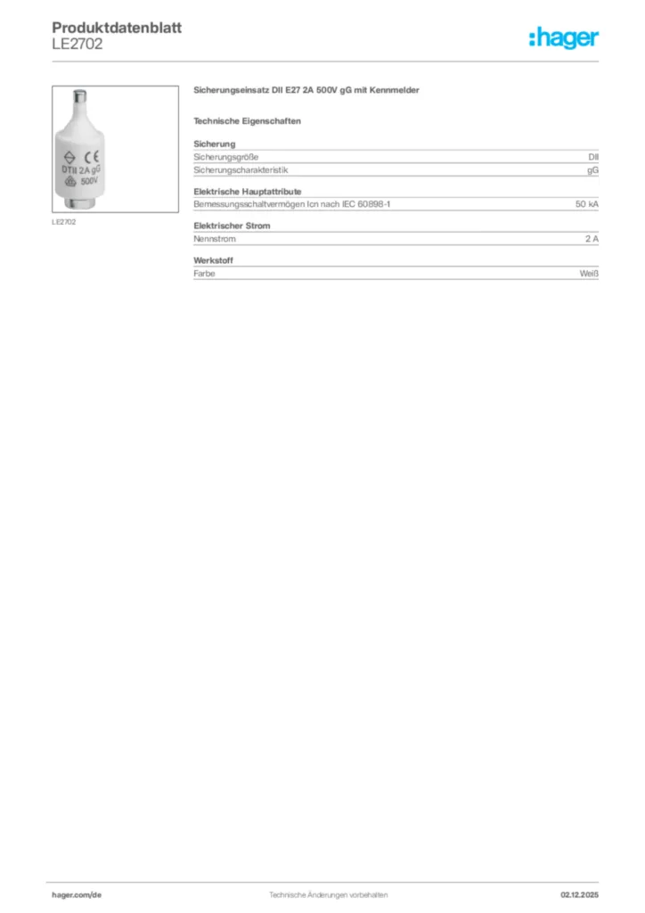 Bild Hager Produktdatenblatt LE2702 | Hager Deutschland