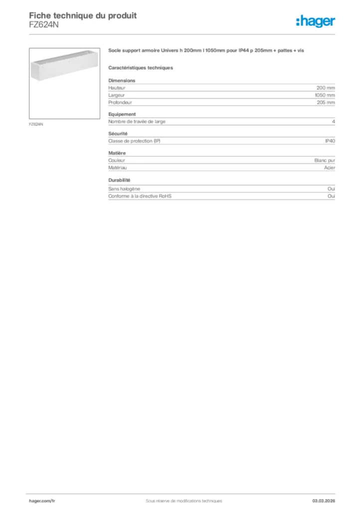 Image Hager Fiche technique du produit FZ624N | Hager France
