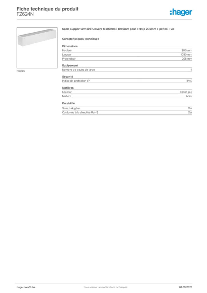 Image Hager Fiche technique du produit FZ624N | Hager Belgique