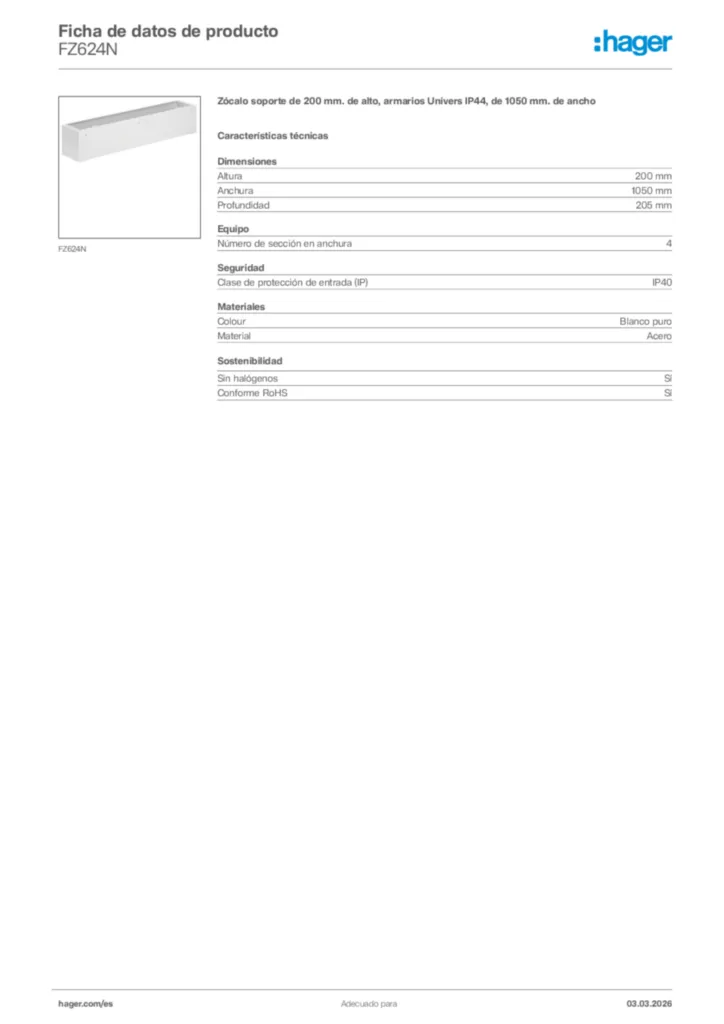 Imagen Hager Ficha de datos de producto FZ624N | Hager España