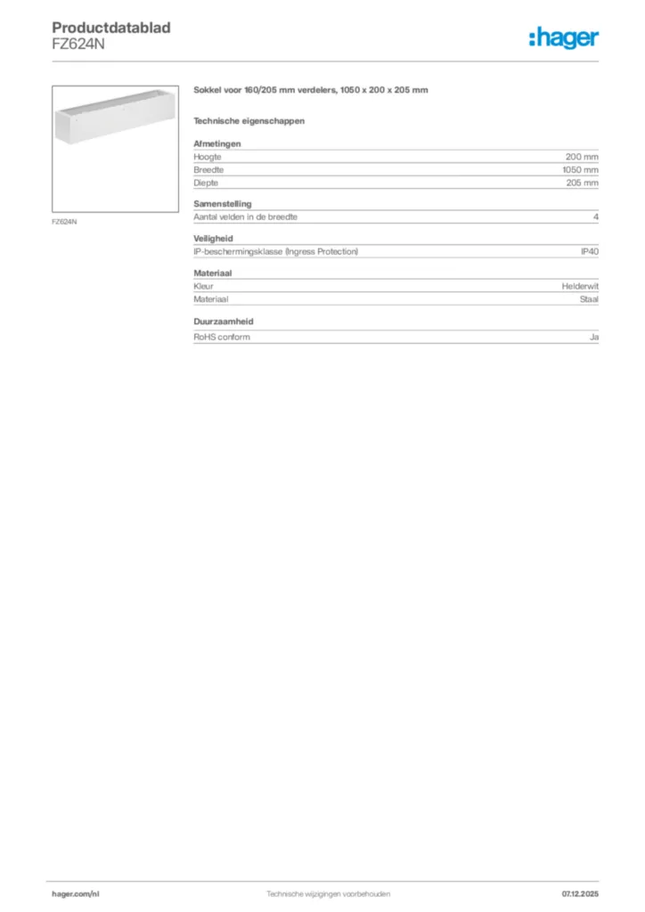 Afbeelding Hager Productdatablad FZ624N | Hager Nederland