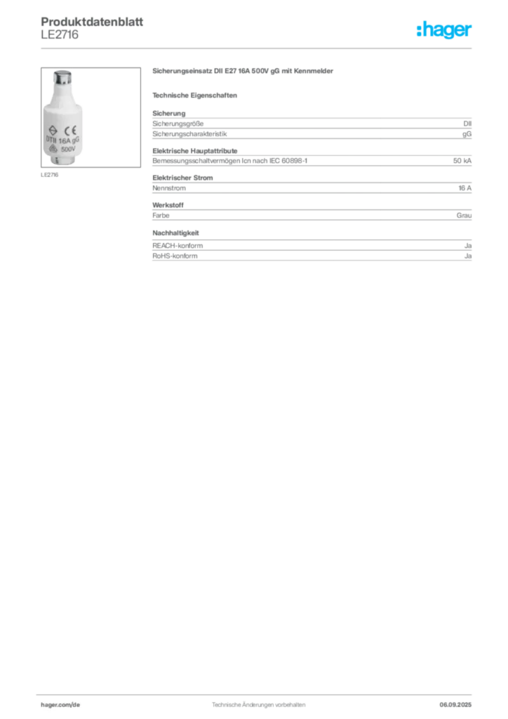 Bild Hager Produktdatenblatt LE2716 | Hager Deutschland