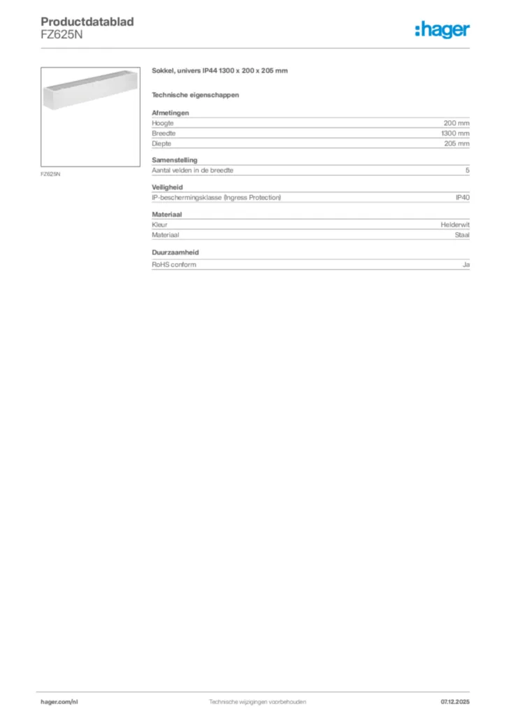 Afbeelding Hager Productdatablad FZ625N | Hager Nederland