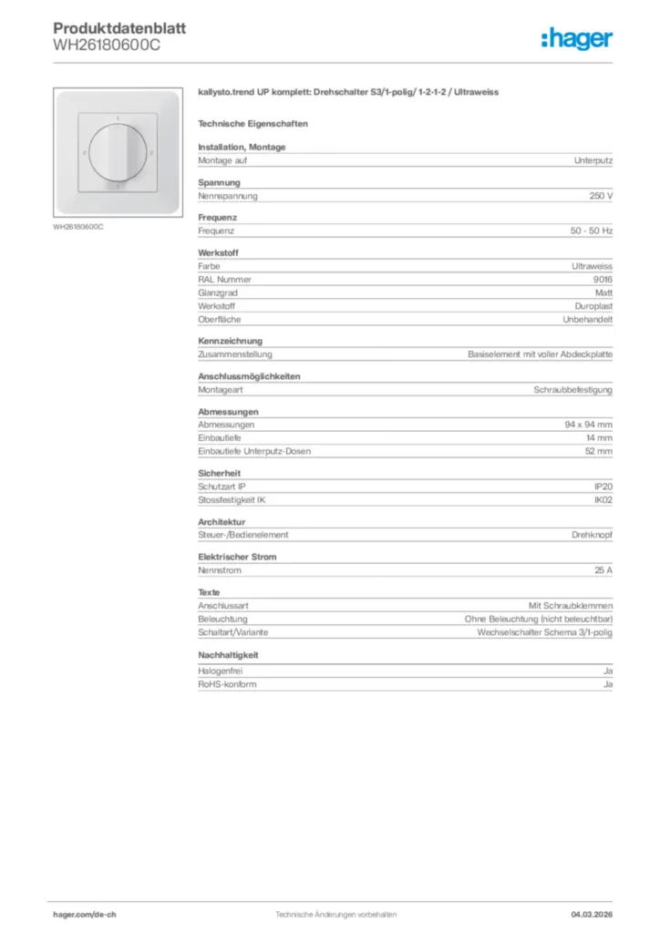 Bild Hager Produktdatenblatt WH26180600C | Hager Schweiz