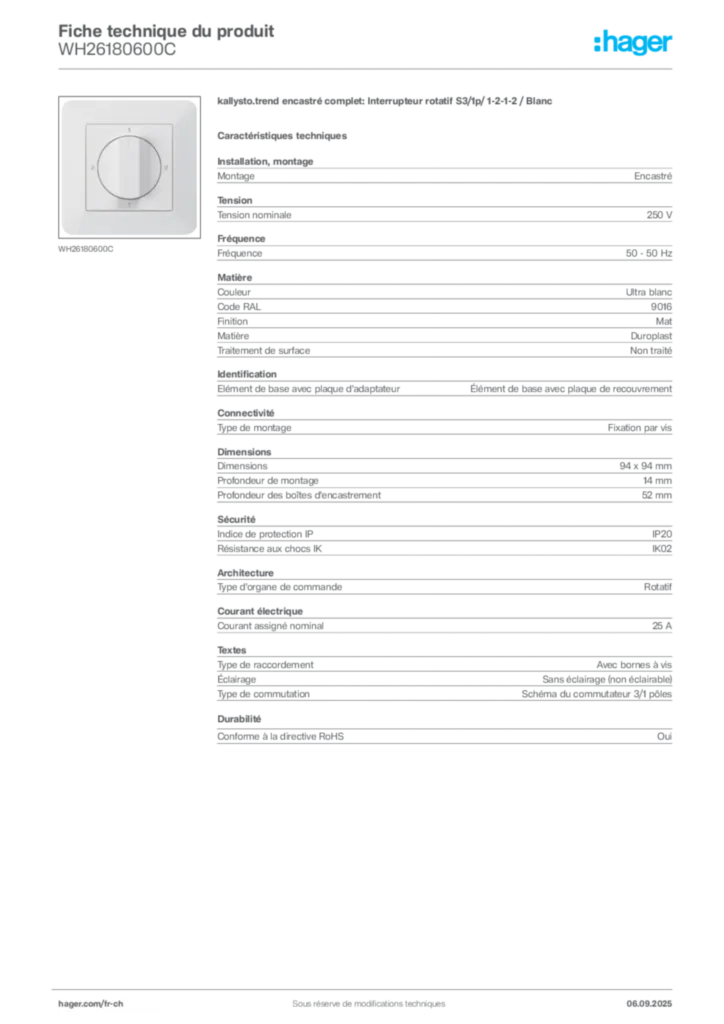 Image Hager Fiche technique du produit WH26180600C | Hager Suisse