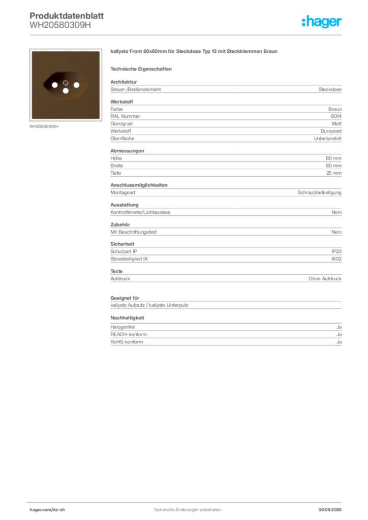 Bild Hager Produktdatenblatt WH20580309H | Hager Schweiz