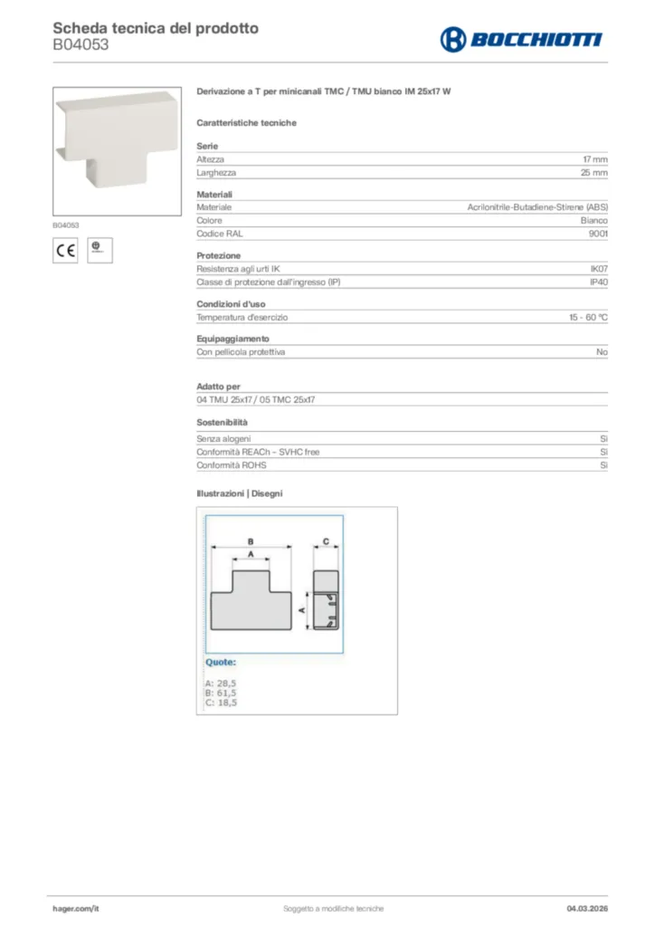 Immagine Bocchiotti Scheda tecnica del prodotto B04053 | Hager Italia