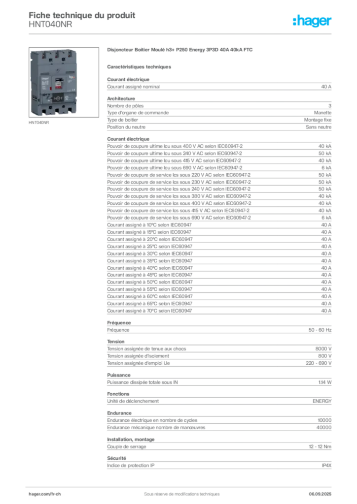 Image Hager Fiche technique du produit HNT040NR | Hager Suisse