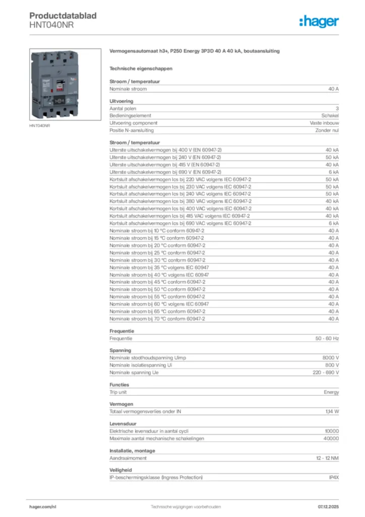 Afbeelding Hager Productdatablad HNT040NR | Hager Nederland