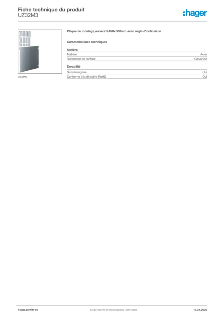 Image Hager Fiche technique du produit UZ32M3 | Hager Suisse